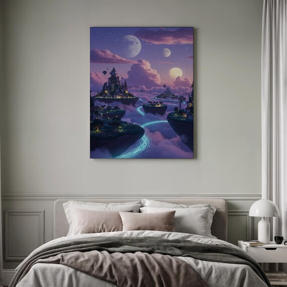 Floating Castle Islands Purple Night Sky Fantasy Realm Poster