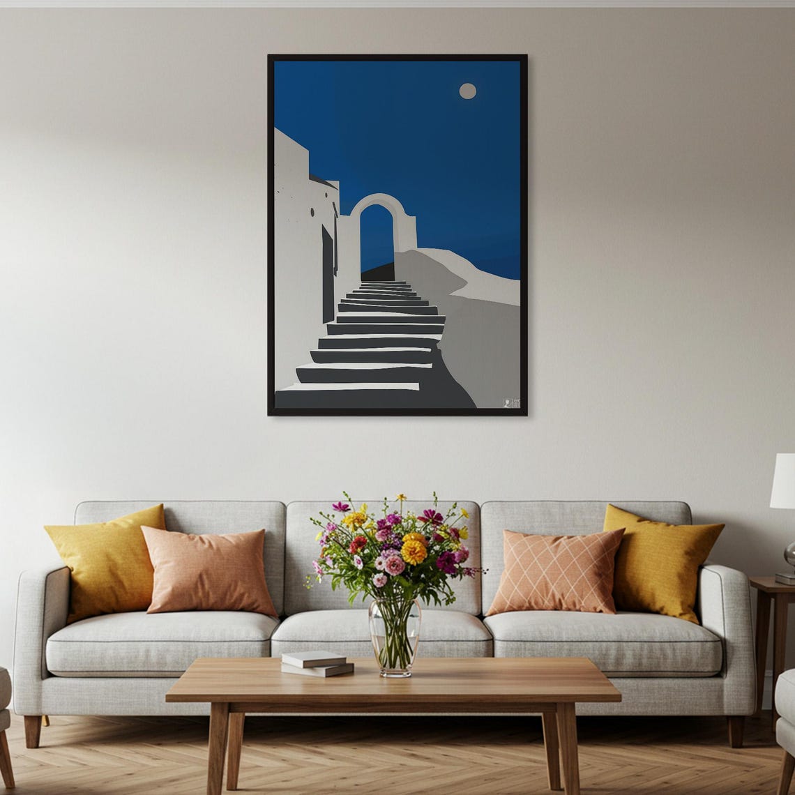 Santorini Night Blue Sky Moon White Buildings Minimalist Poster - Image 2