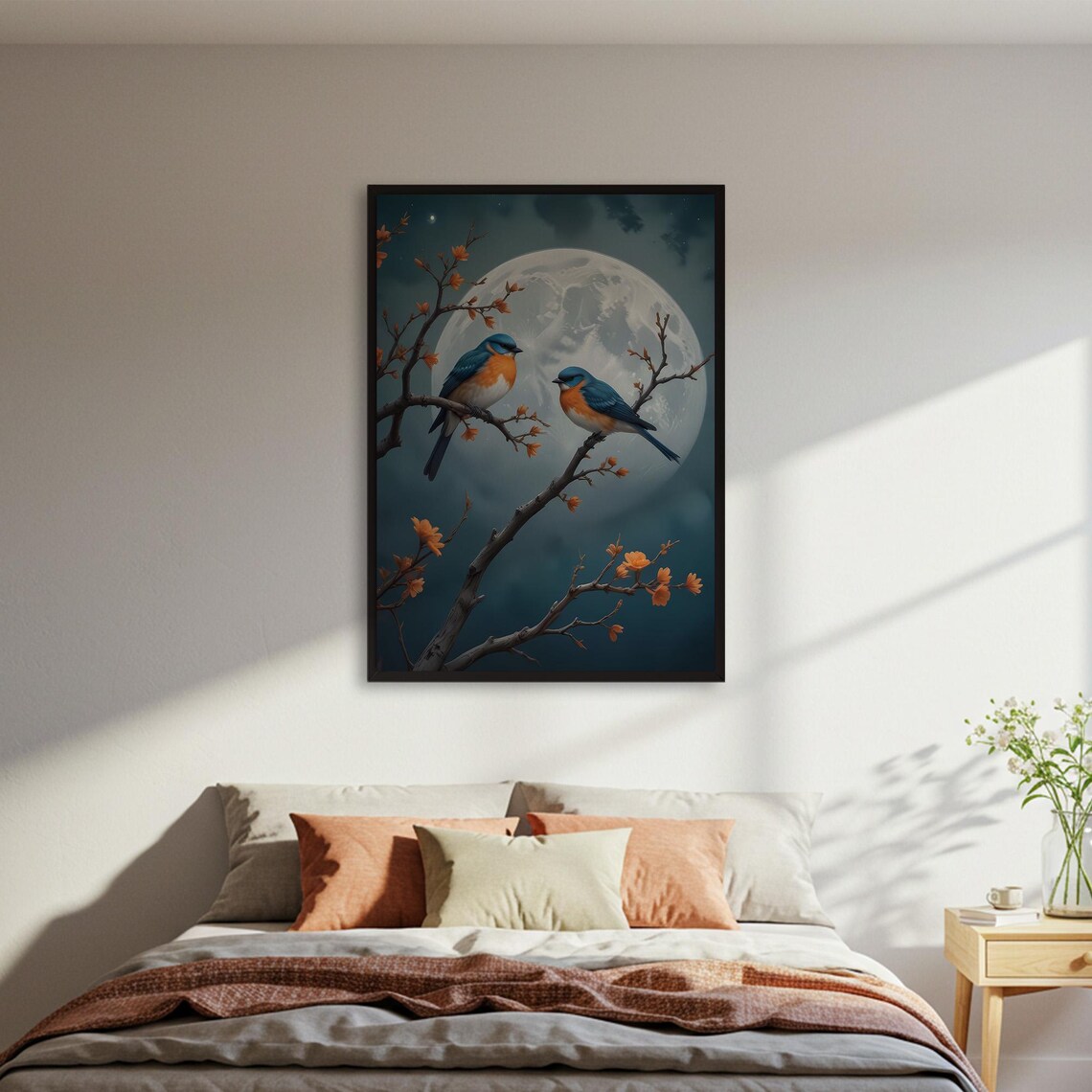 Birds on Branch, Full Moon Nature Wall Art