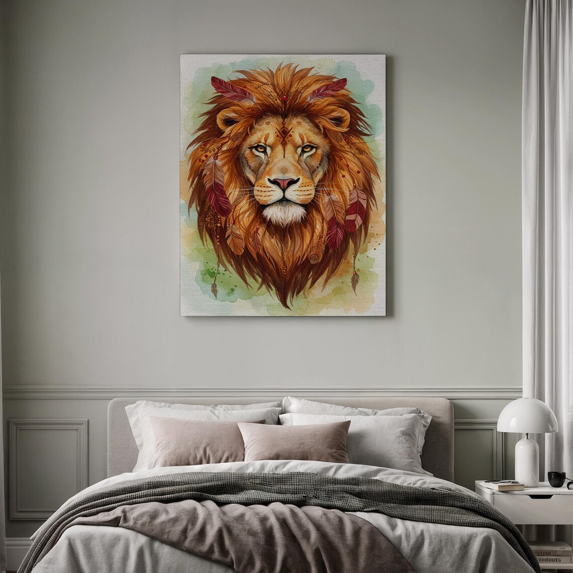 Lion Head with Feathers Watercolor Boho Tribal Animal Art Poster