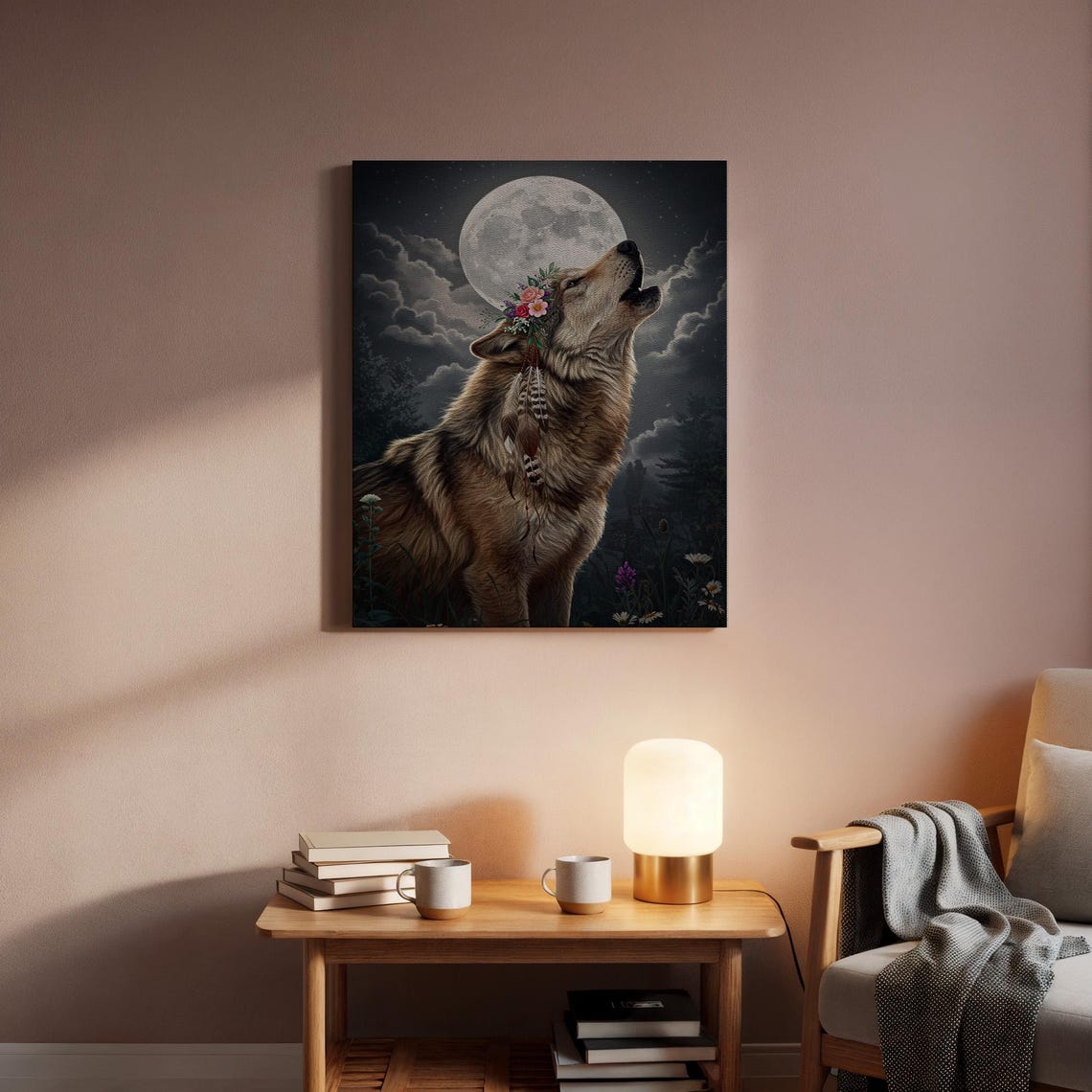 Wolf Howling At Full Moon Night Sky Floral Crown Wild Poster - Image 2