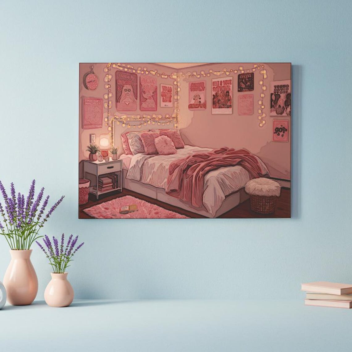 Cozy Pink Bedroom Illustration String Lights Gallery Wall Poster - Image 3