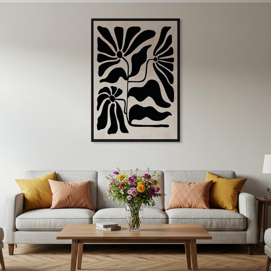 Black Floral Silhouette Cream Abstract Botanical Statement Art Poster - Image 2
