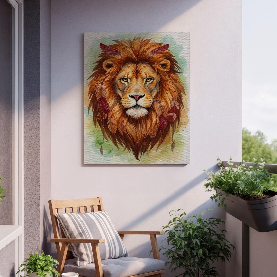 Lion Head with Feathers Watercolor Boho Tribal Animal Art Poster - Image 2