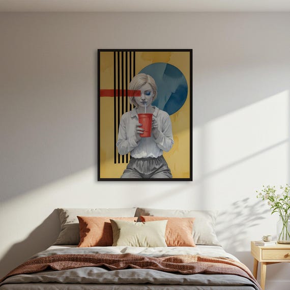 Woman Drinking Pop Art Poster Modern Figure Wall Print Colorful Home Decor Bedroom Posterdrink Framed Or Unframed
