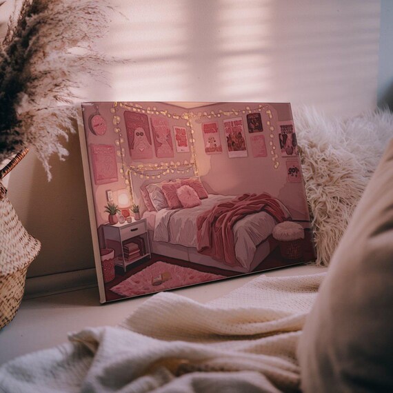 Cozy Pink Bedroom Illustration String Lights Gallery Wall Poster