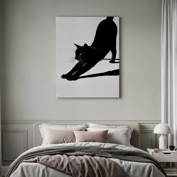 Black Cat Stretching Silhouette Minimalist Modern Cat Art Poster