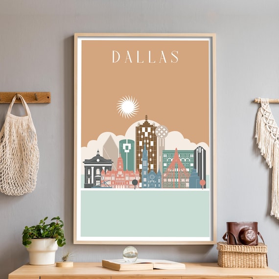 Dallas Texas Warm Tan Sunlit Skyline Illustration Travel Poster