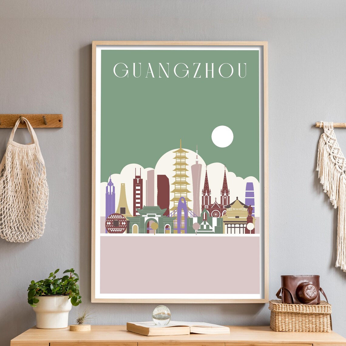 Guangzhou China Sage Green Skyline Pagoda Illustrated Poster