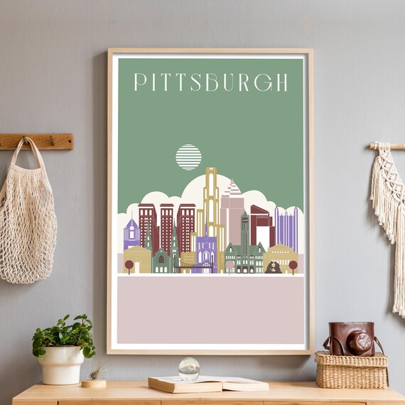 Pittsburgh Pennsylvania Sage Green Skyline Illustrated Poster