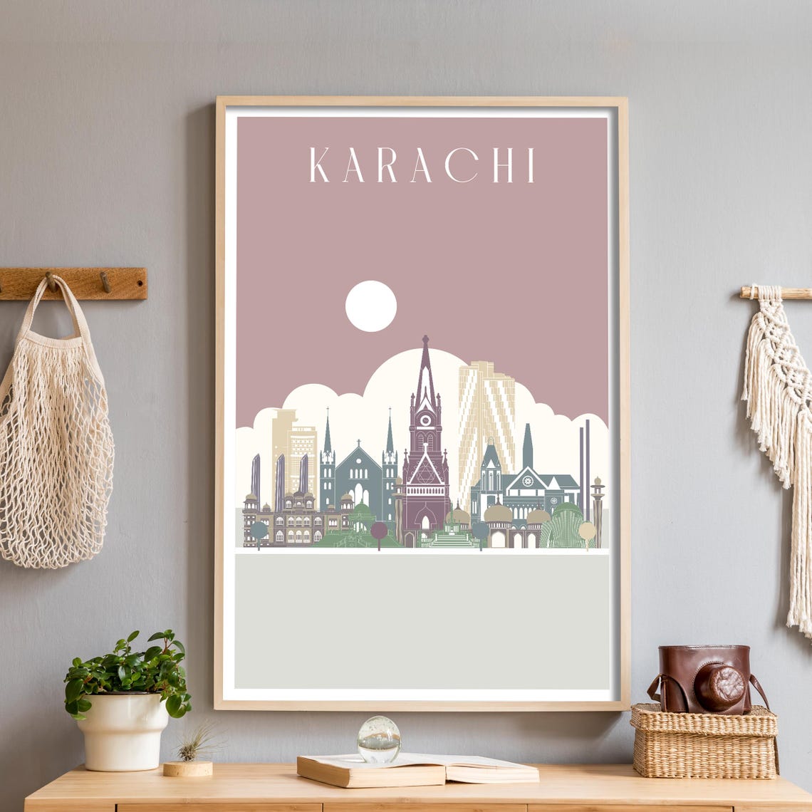 Karachi Pakistan Skyline Illustrated Landmarks Dusty Rose Poster