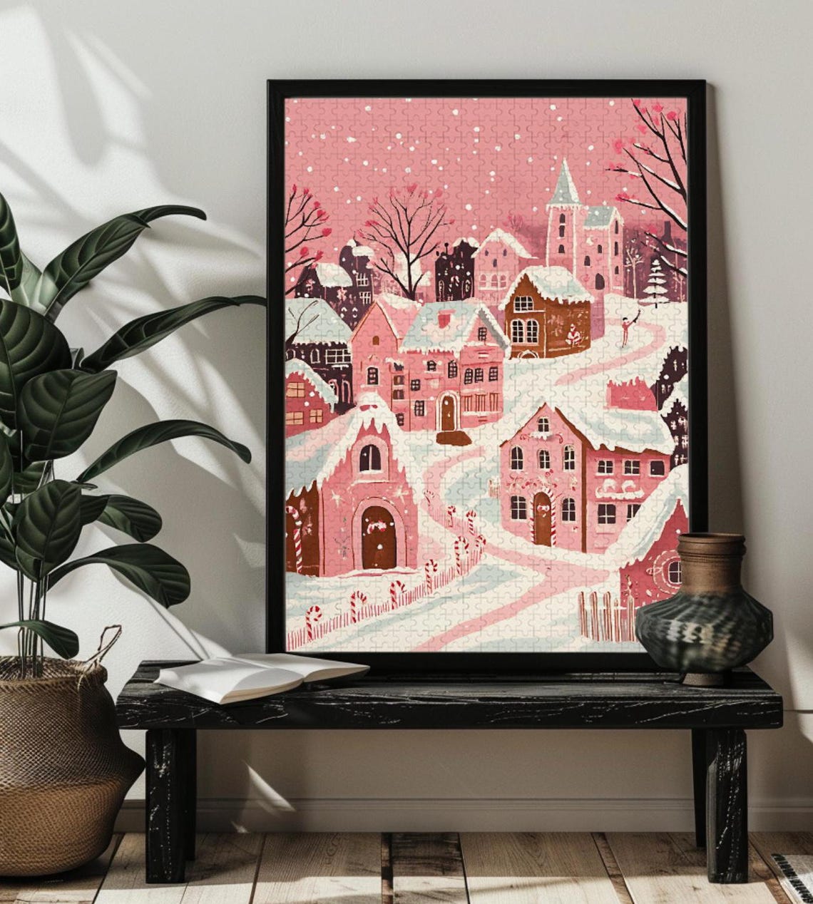 Pink Christmas Village Cottages Snowy Night Whimsical Poster - Image 3