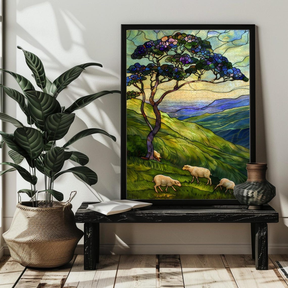 Green Rolling Hills Landscape Sheep Stained Glass Countryside Poster - Image 3