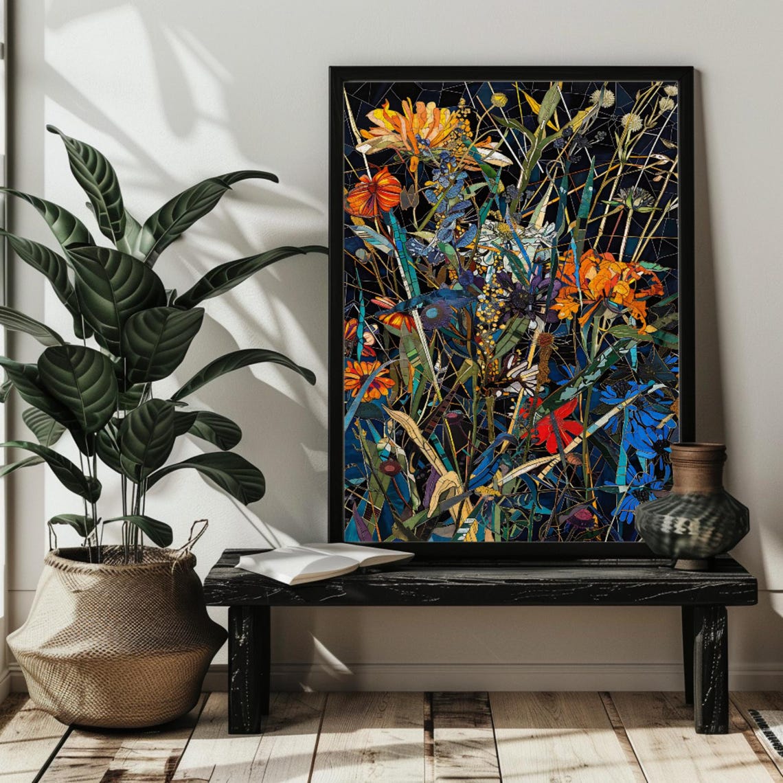 Stained Glass Wildflower Meadow Orange Pink Blooms Night Poster - Image 2