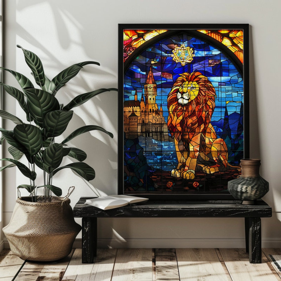 Stained Glass Lion Before Castle Majestic Golden Window Art Poster - Image 4