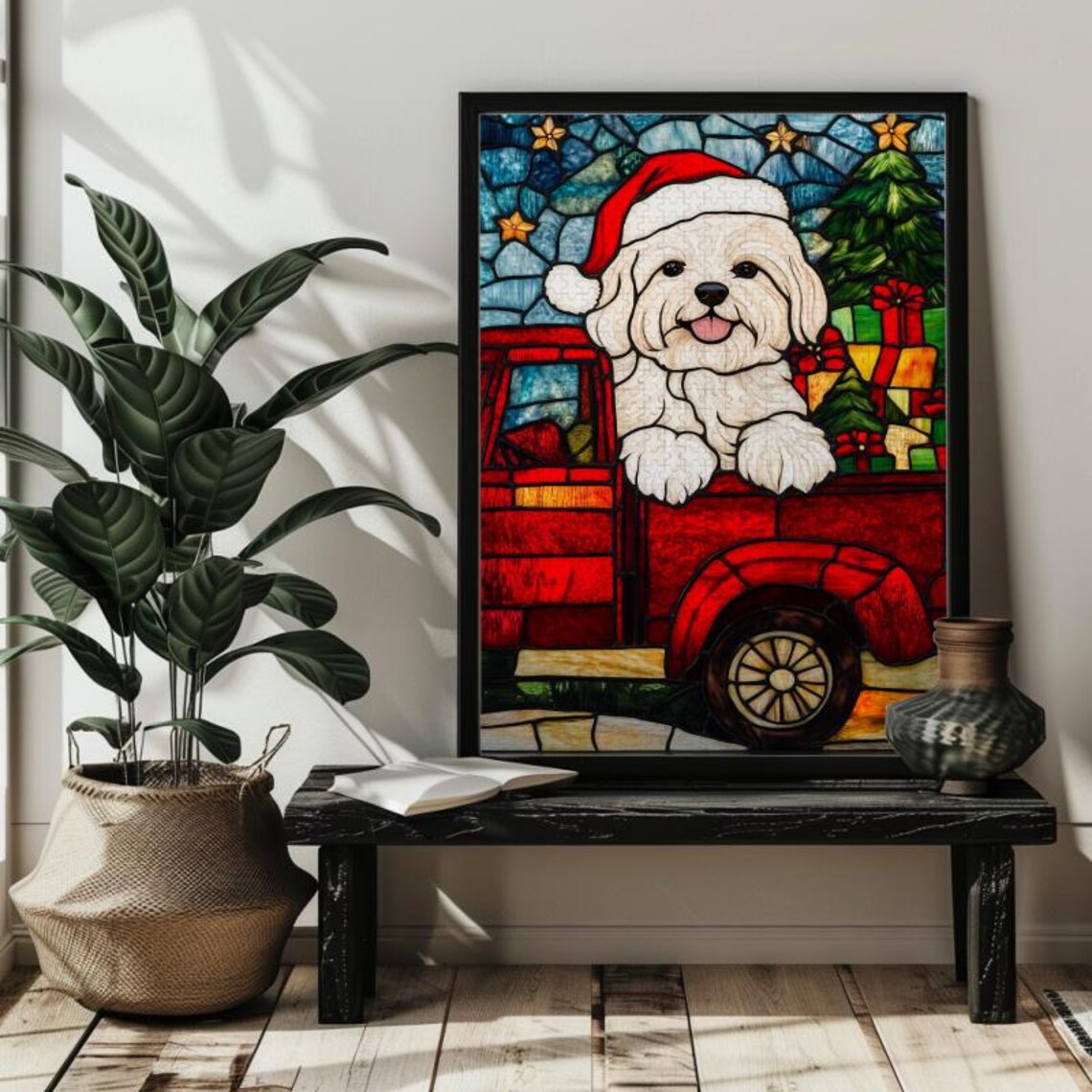 Havanese Dog in Santa Hat Red Pickup Truck Christmas Gift Poster - Image 2