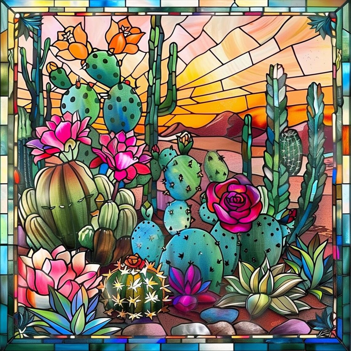 Desert Cactus Garden At Sunset Stained Glass Style Art Poster - Image 2