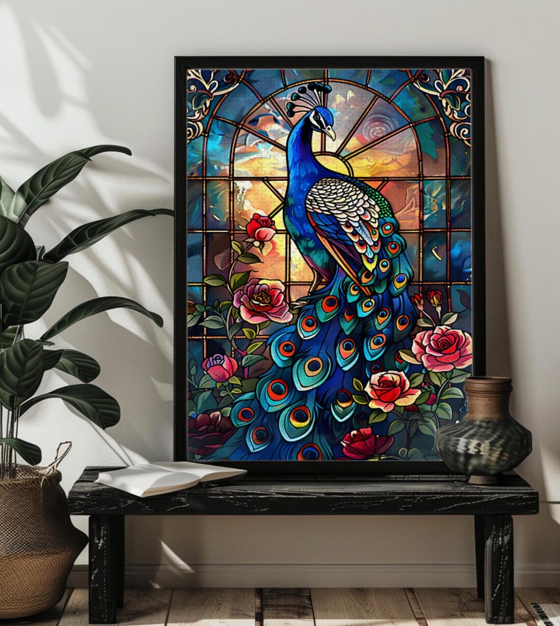 Stained Glass Blue Peacock Art Print, Bird Decor