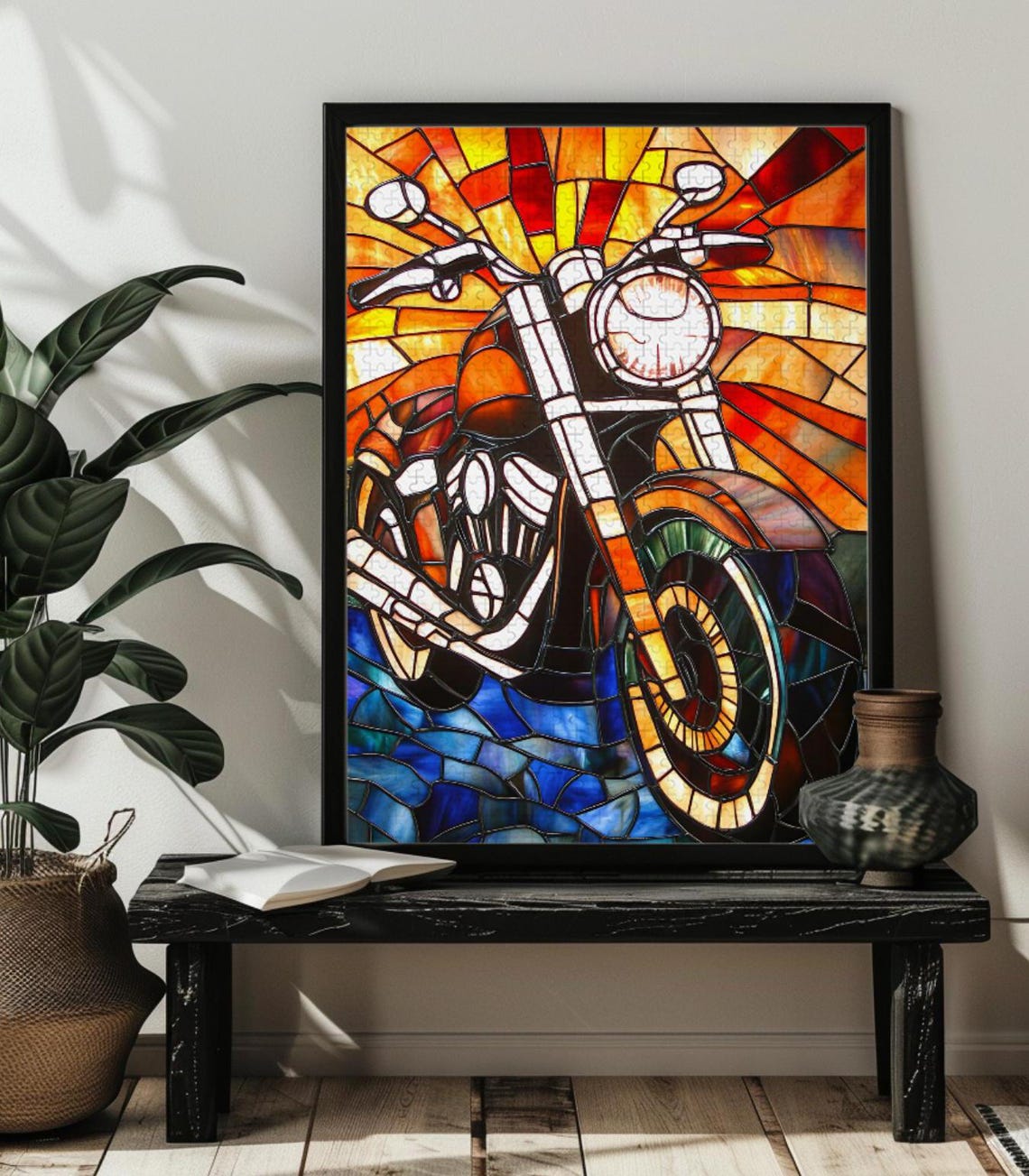 Stained Glass Motorcycle Front View Sunset Orange Biker Poster