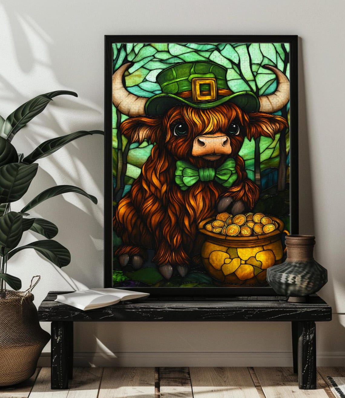 Cute Highland Cow in a St Patricks Day Leprechaun Hat Poster - Image 2