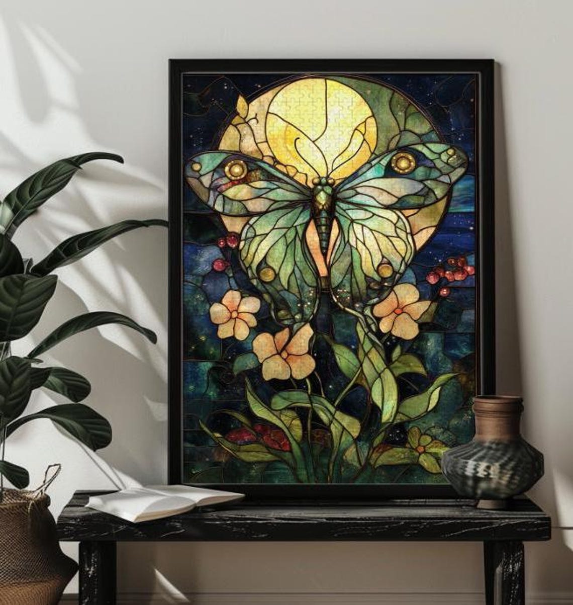 Stained Glass Luna Moth with Full Moon and Wildflowers Poster - Image 3