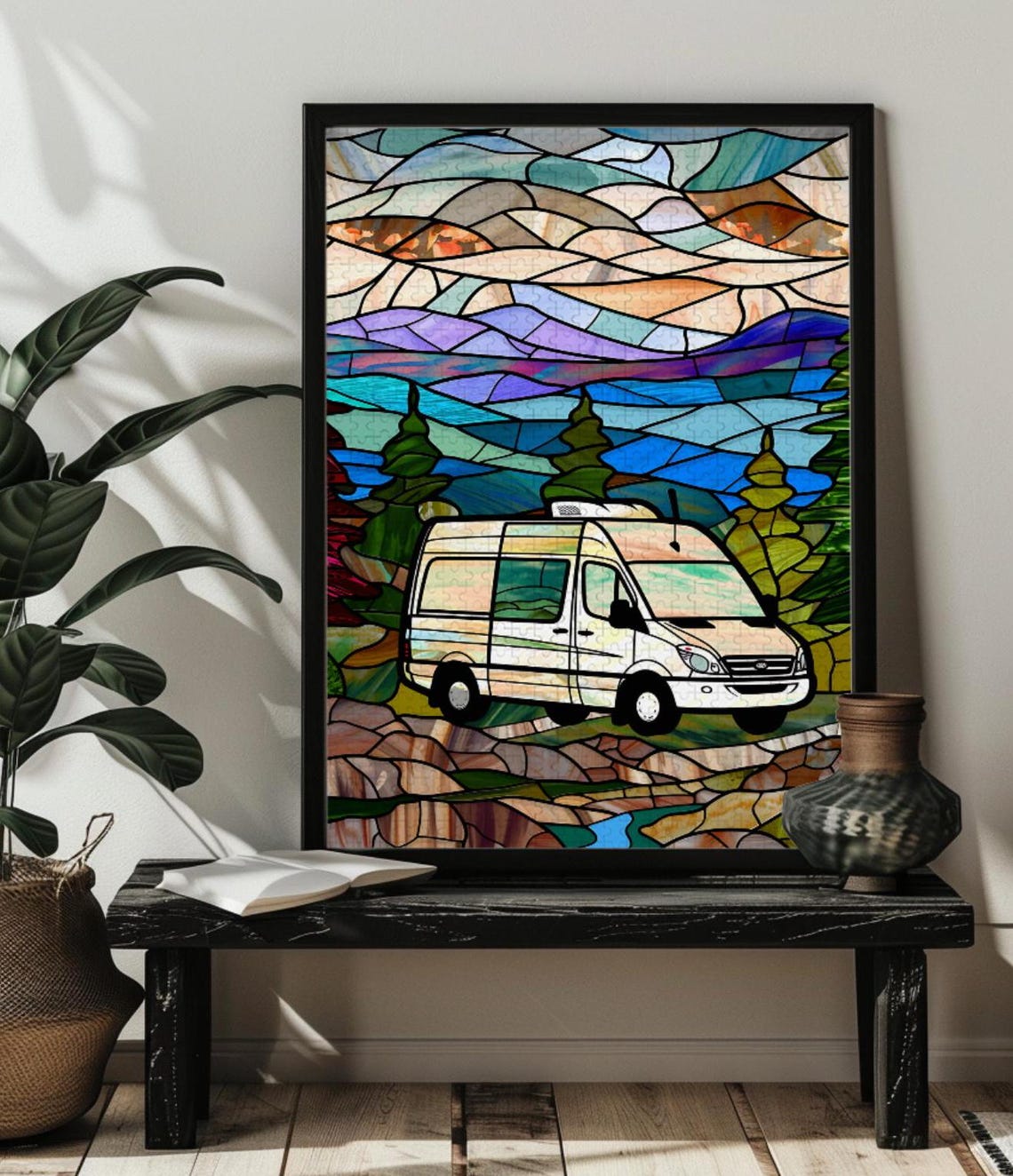 White Camper Van in the Mountains Stained Glass Travel Poster