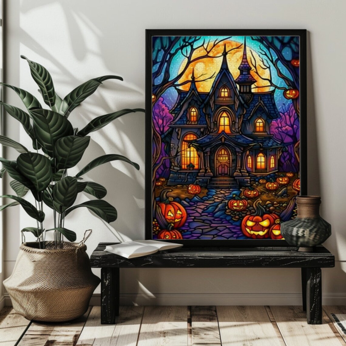 Halloween Stained Glass Gothic House Pumpkins Art Print - Image 3