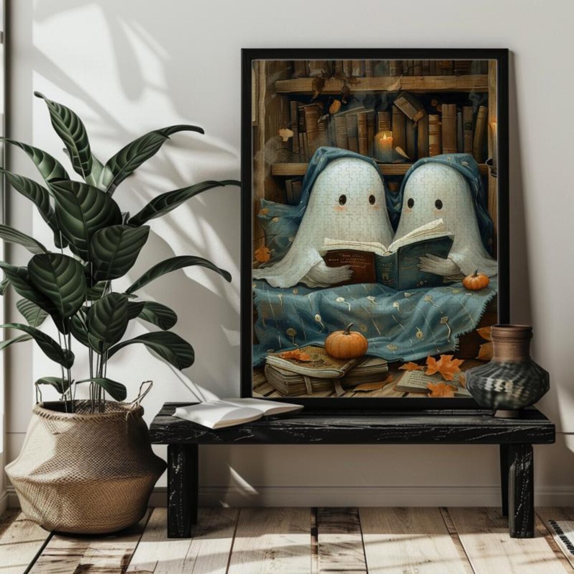Cute Ghost Reading Halloween Jigsaw Puzzle Art - Image 2