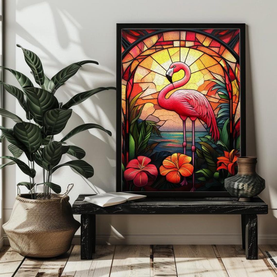 Stained Glass Flamingo Jungle Art Print - Image 3