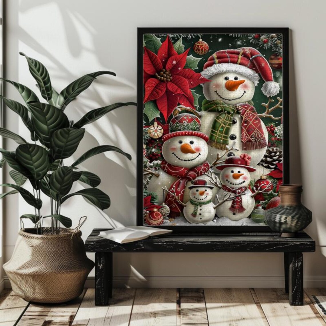 Happy Snowman Family with Poinsettias for Christmas Holiday Poster - Image 3