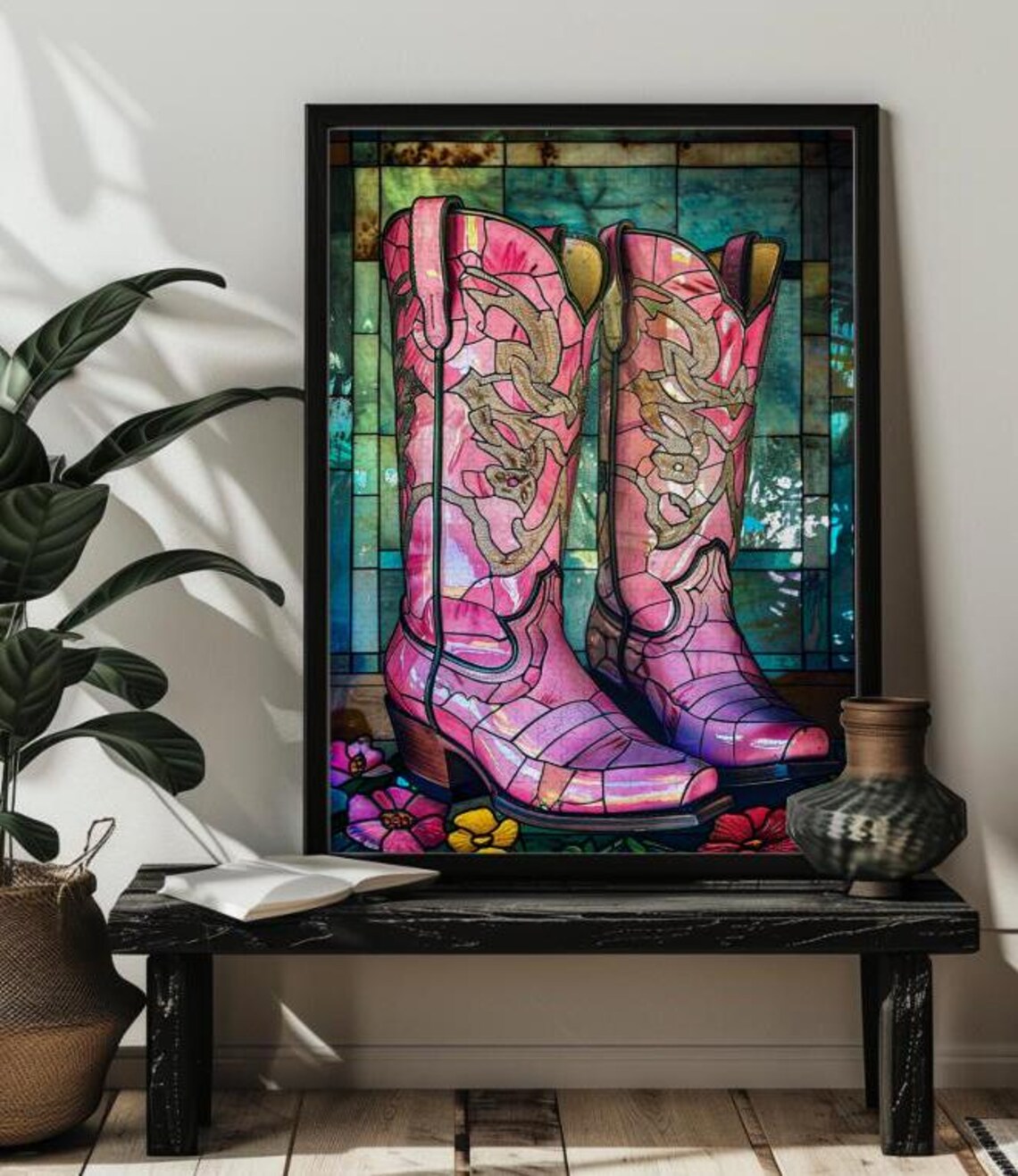 Pink Cowgirl Boots Stained Glass Art Print