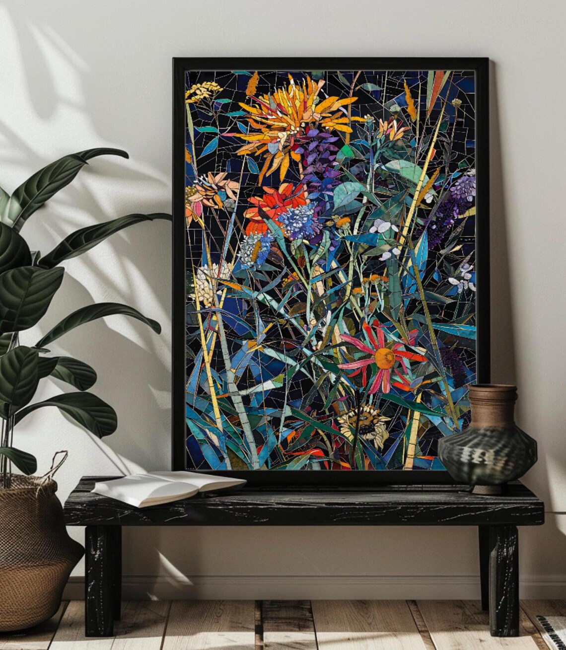 Stained Glass Wildflower Meadow Orange Pink Blooms Night Poster - Image 4