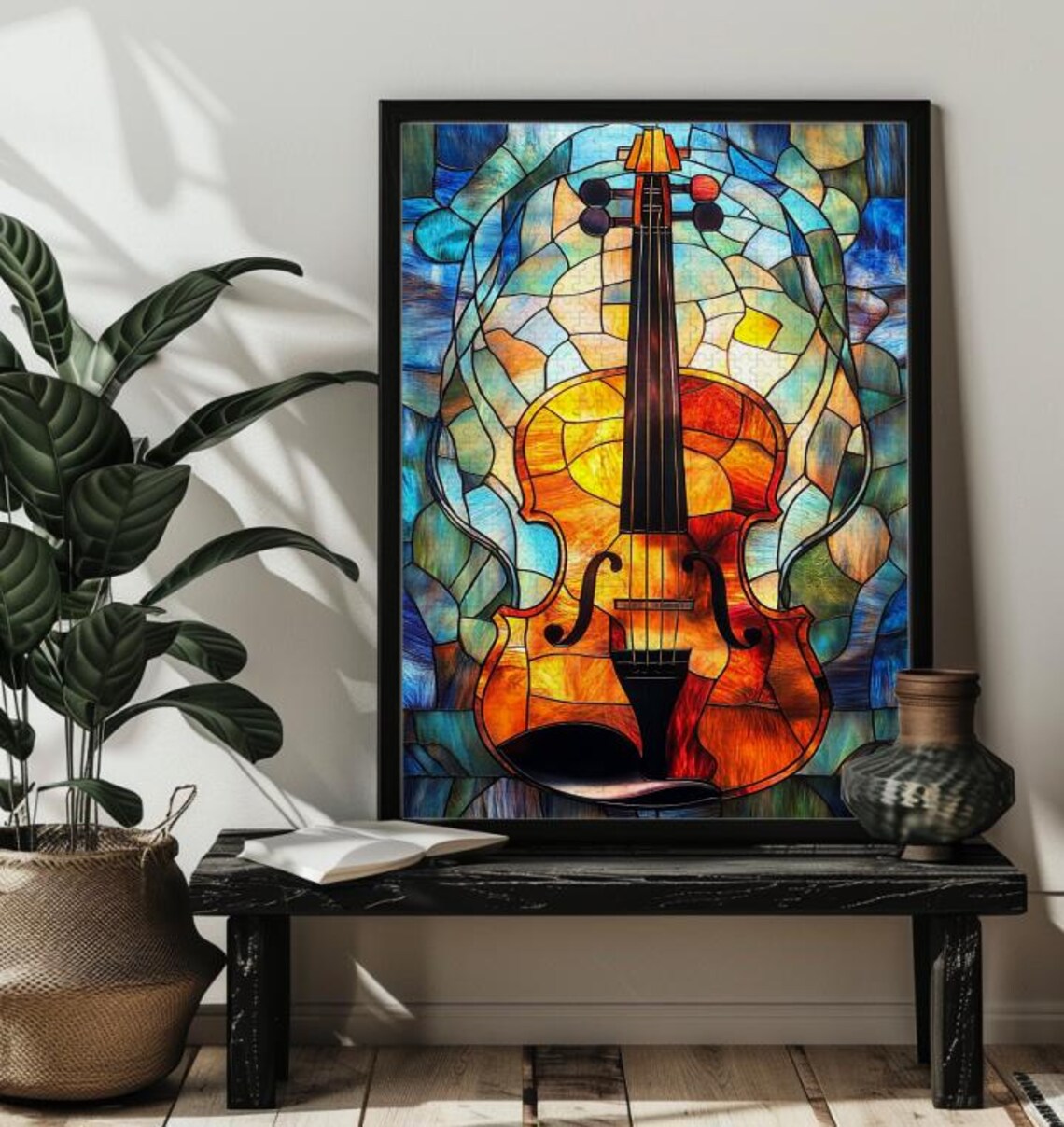 Van Gogh-Inspired Stained Glass Violin Art Print