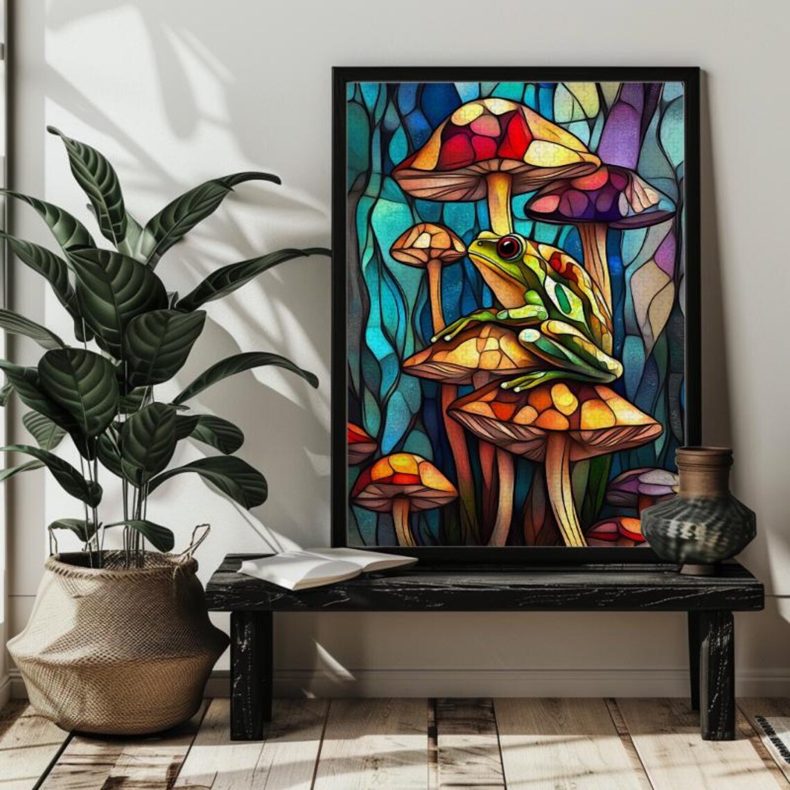 Stained Glass Frog Mushroom Art Puzzle, Green Frog - Image 2
