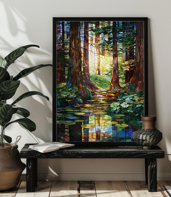 Stained Glass Forest Waterfall Landscape Art Print
