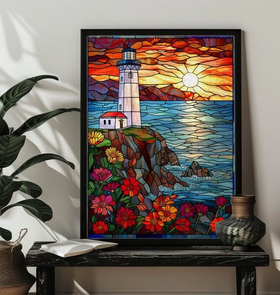 White Lighthouse at Sunset in Stained Glass Coastal Scene Poster