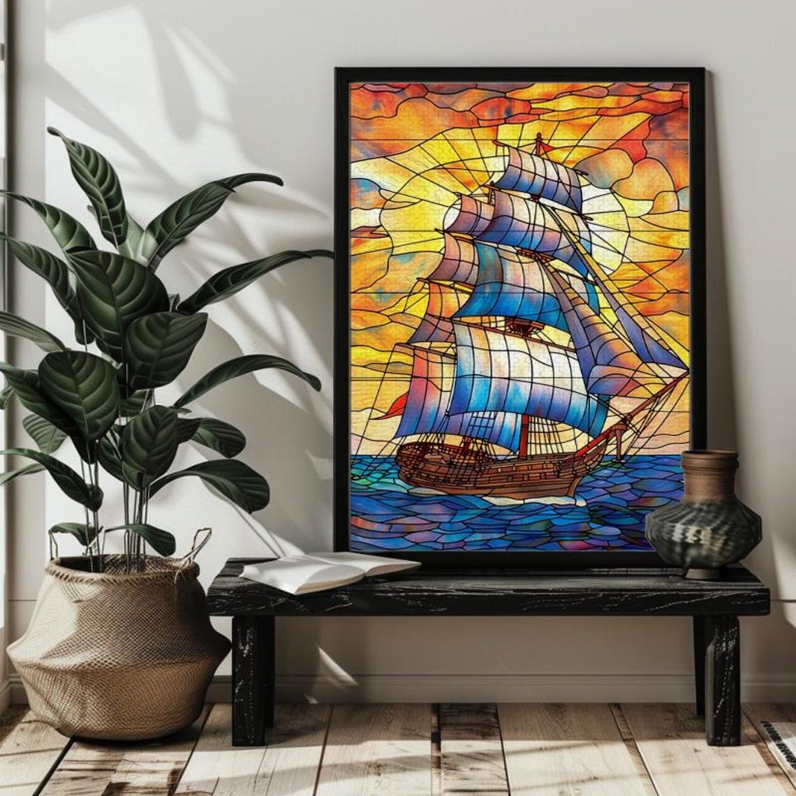 Tall Sailing Ship at Sunset Stained Glass Nautical Art Poster - Image 2
