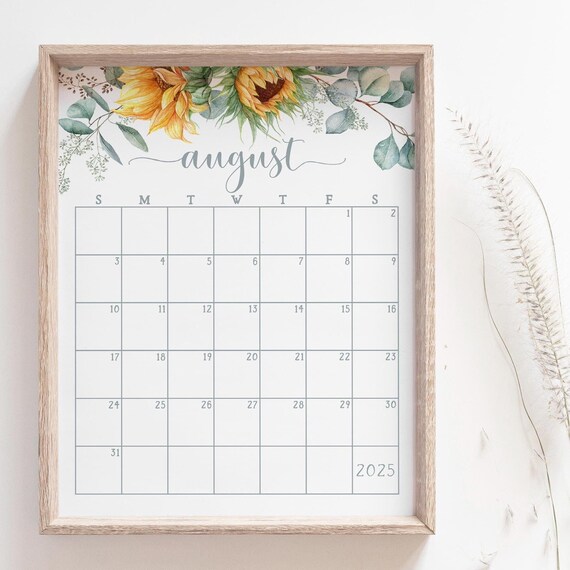 August 2025 Calendar Sunflowers Eucalyptus Wood Frame Planner