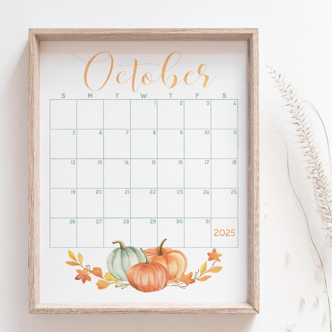 October 2025 Calendar Watercolor Pumpkins Autumn Leaves Planner