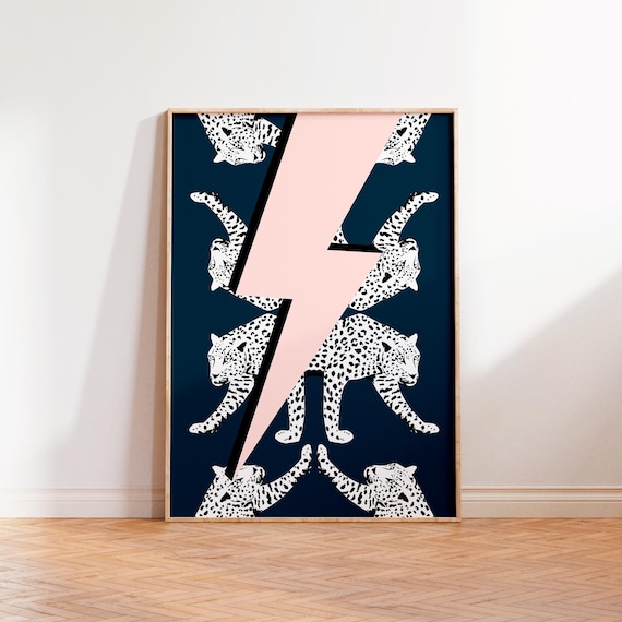 Bold Spotted Leopard Pink Lightning Bolt on Navy Pop Art Poster