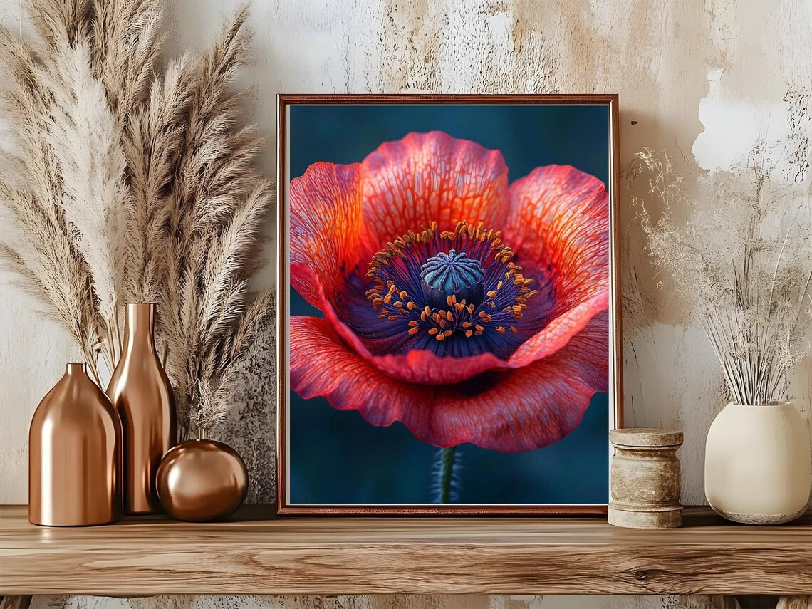 Red Poppy Close Up Poster Vivid Botanical Macro Flower Art Decor