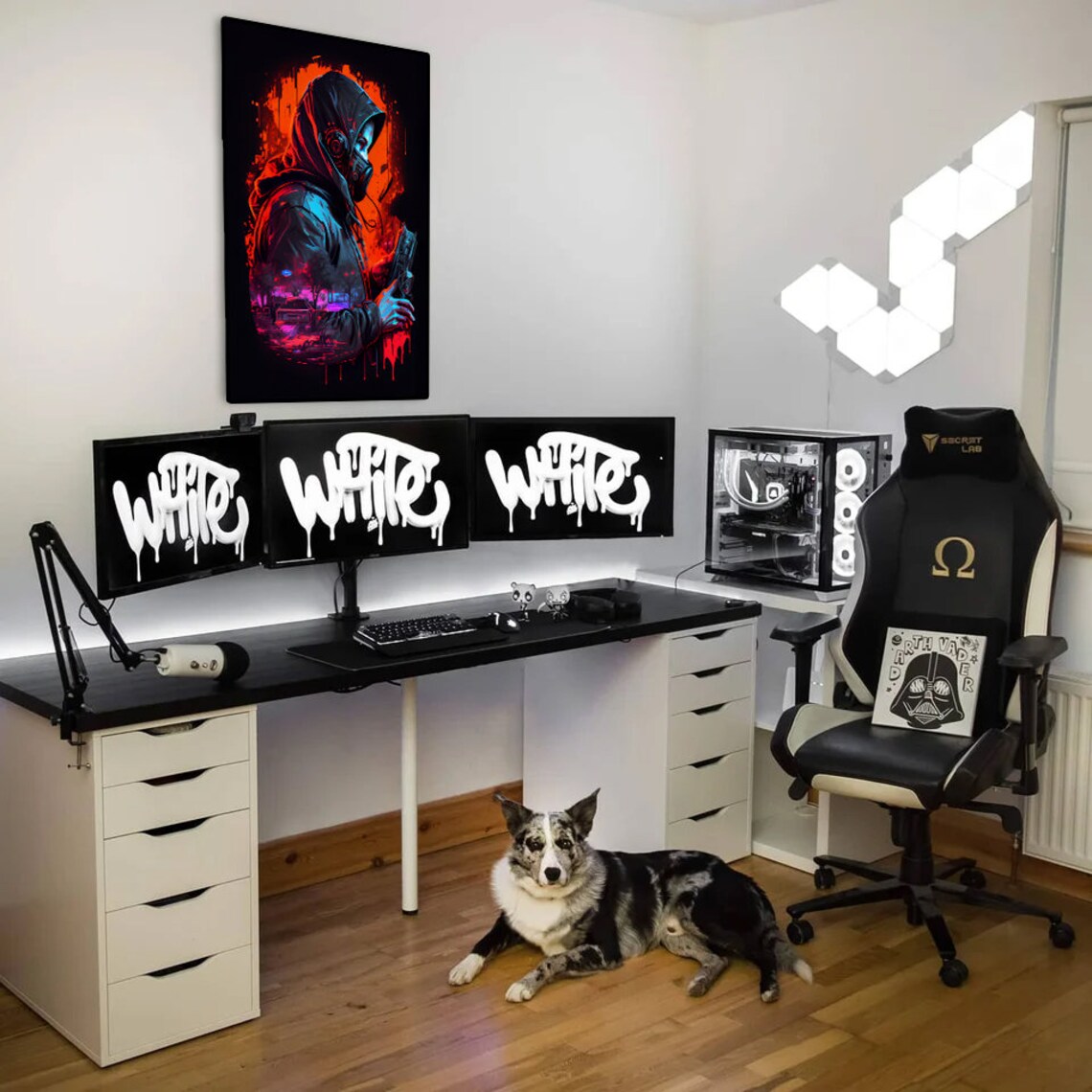 Cyberpunk Hooded Gas Mask Figure Holding Gun Neon Graffiti Art Poster - Image 2