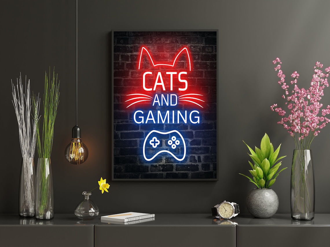 Cats and Gaming Neon Sign Art Poster for Cat Loving Gamer Room Decor - Image 2