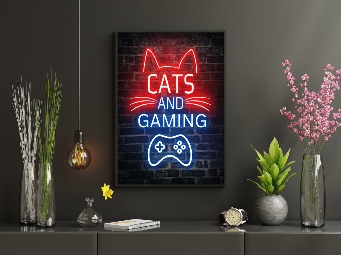 Cats And Gaming Neon Sign Red Blue Glow Brick Wall Decor Art Poster - Image 2