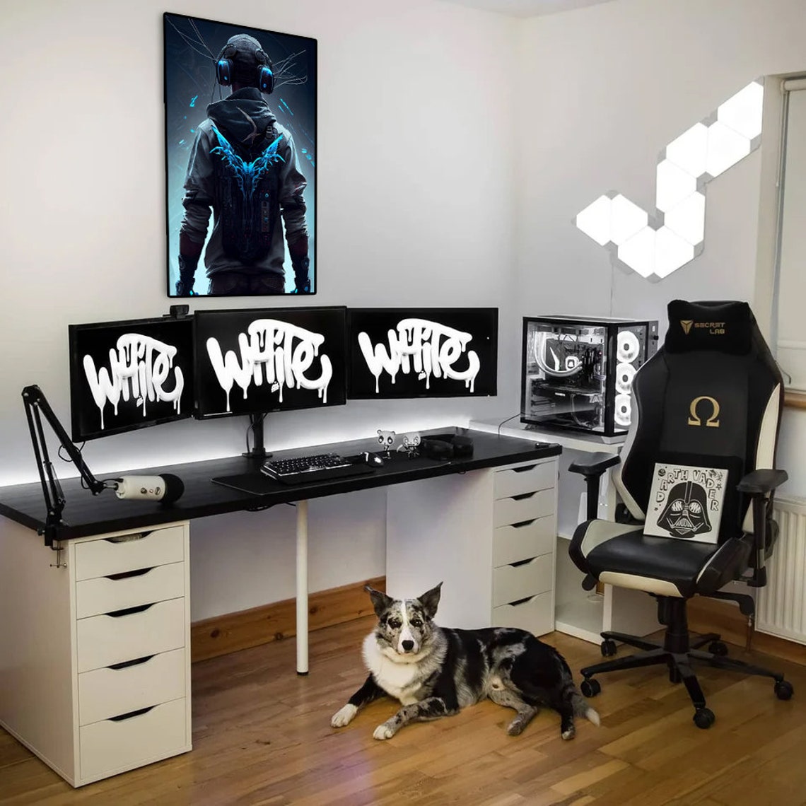Gamer Back View With Headset And Glowing Blue Wings Cyber Art Poster - Image 2