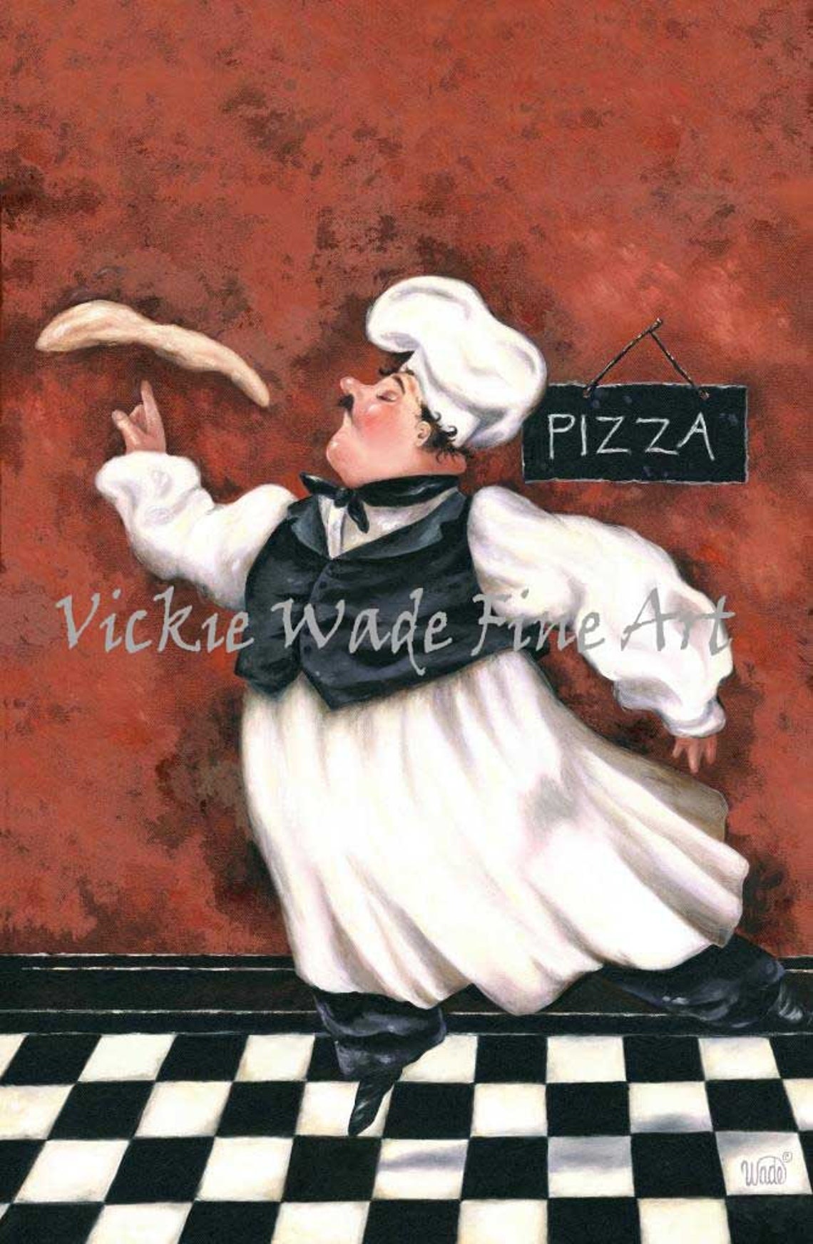 Jolly Fat Chef Tossing Pizza Dough Beneath a PIZZA Sign Poster