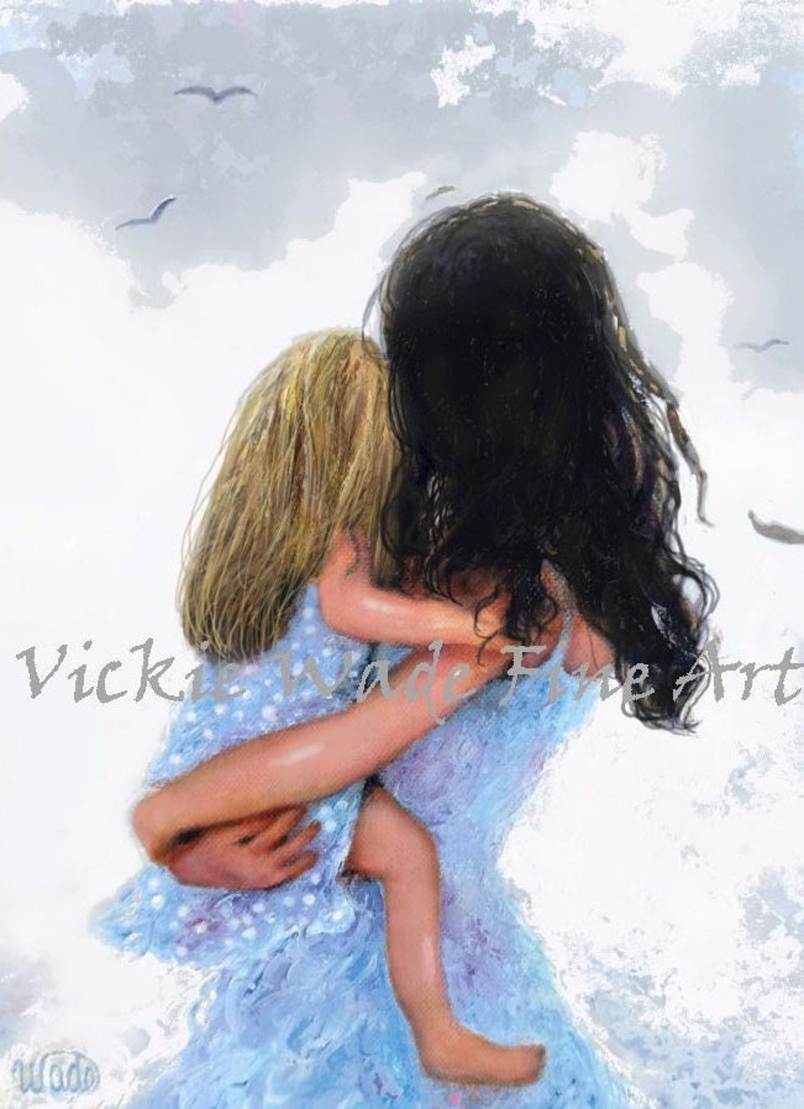 Mother Hugging and Carrying Her Daughter in Blue Dresses Poster