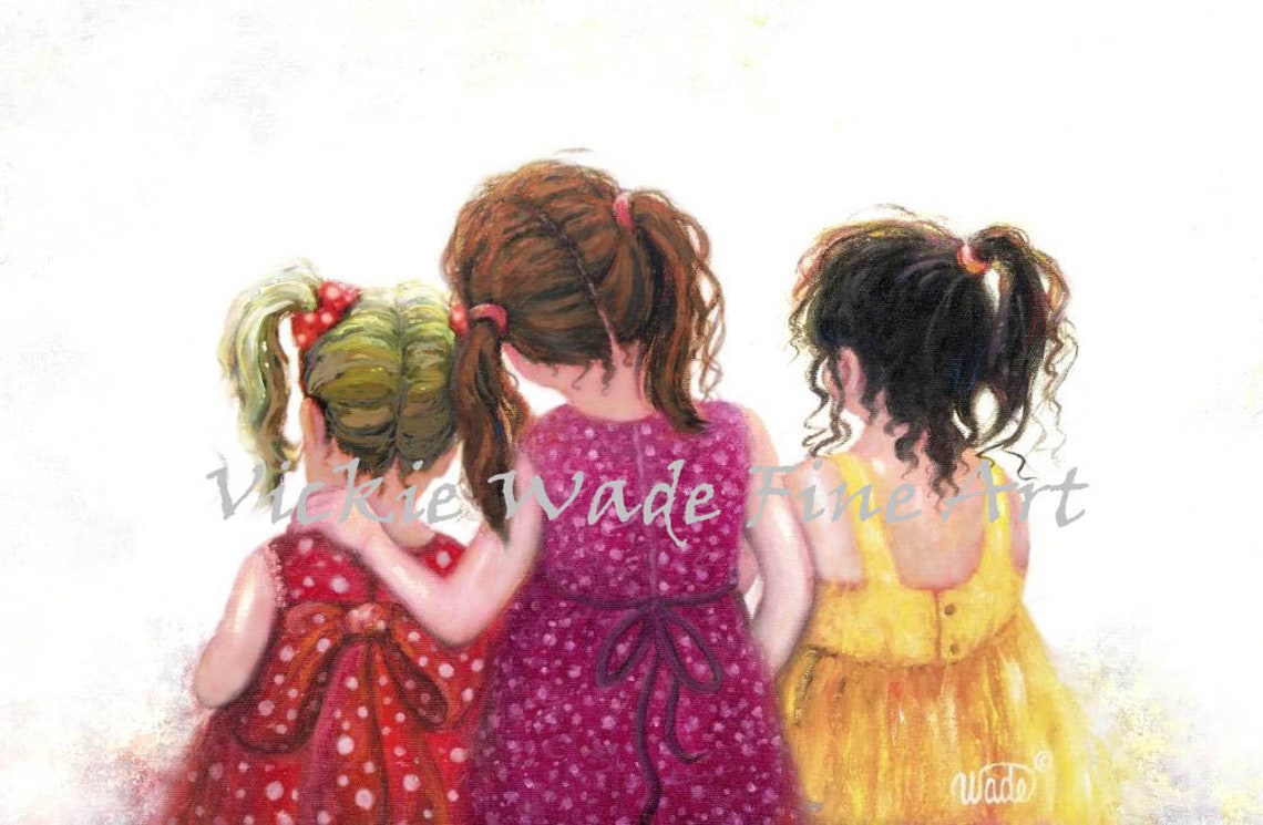 Three Little Sisters With Ponytails Seen From Behind Pastel Poster