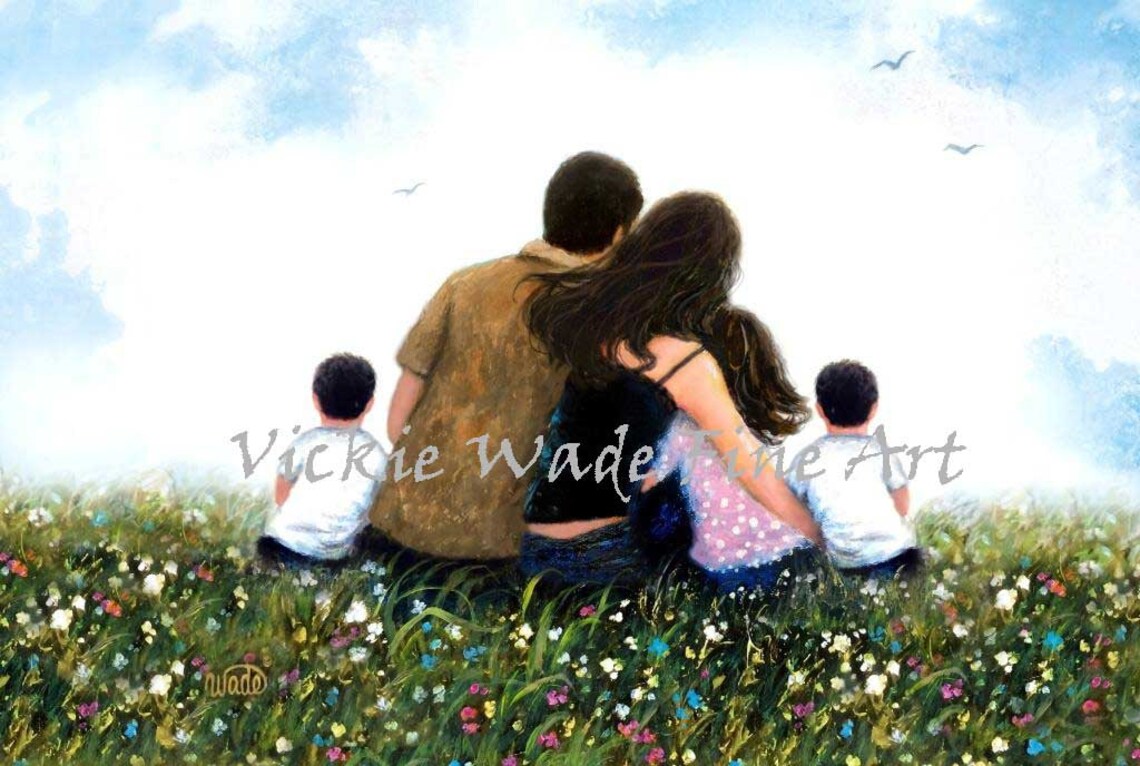 Family of Five Sitting Together in a Wildflower Meadow Poster
