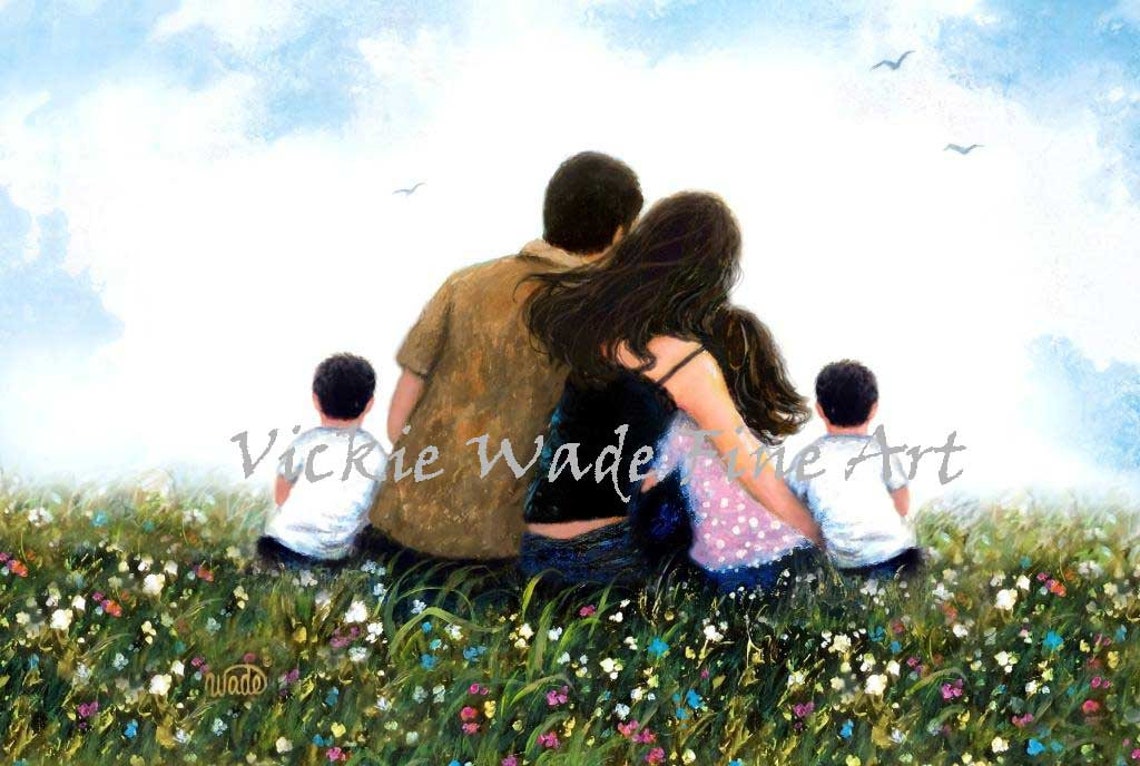Mother Father Daughter And Twin Sons Art Print Family Three Children Three Kids Girl And Twin Boys Sitting In Meadow Vickie Wade Art